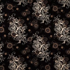Brown & Cream-White Floral Black Fabric, Michael Miller Quilting Cotton, t1/40