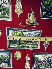 VTG `40-50`s BARKCLOTH Landscape Paintings and Colonial Decor on Red 34″x25½”