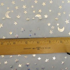 Silver stars and moon on Light Blue stretch Silky Spandex 1yd 12″ x 48