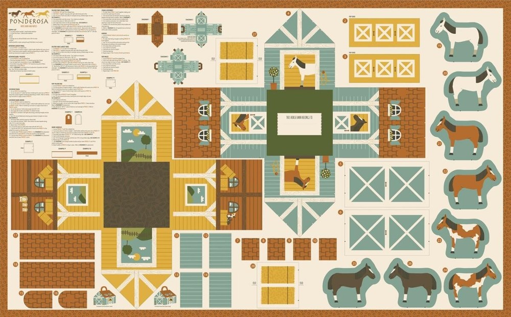 36″ X 60″ Panel Ponderosa Horse Stable Horses Cream Cotton Fabric Panel D464.59