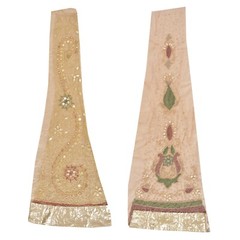 Sanskriti Saskriti Vintage Combo Of Design Fabric Hand Beads Net Mesh Cream Rhin
