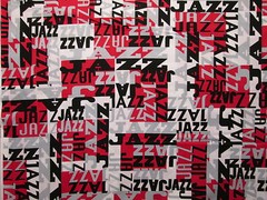 MOD JAZZ WORDS NEW ORLEANS RED BLACK GRAY COTTON FABRIC FQ