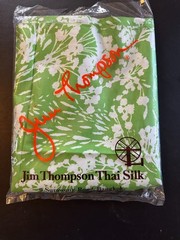 JIM THOMPSON 100% Thai Silk, Floral White on Green Backgound 96″ x 40″