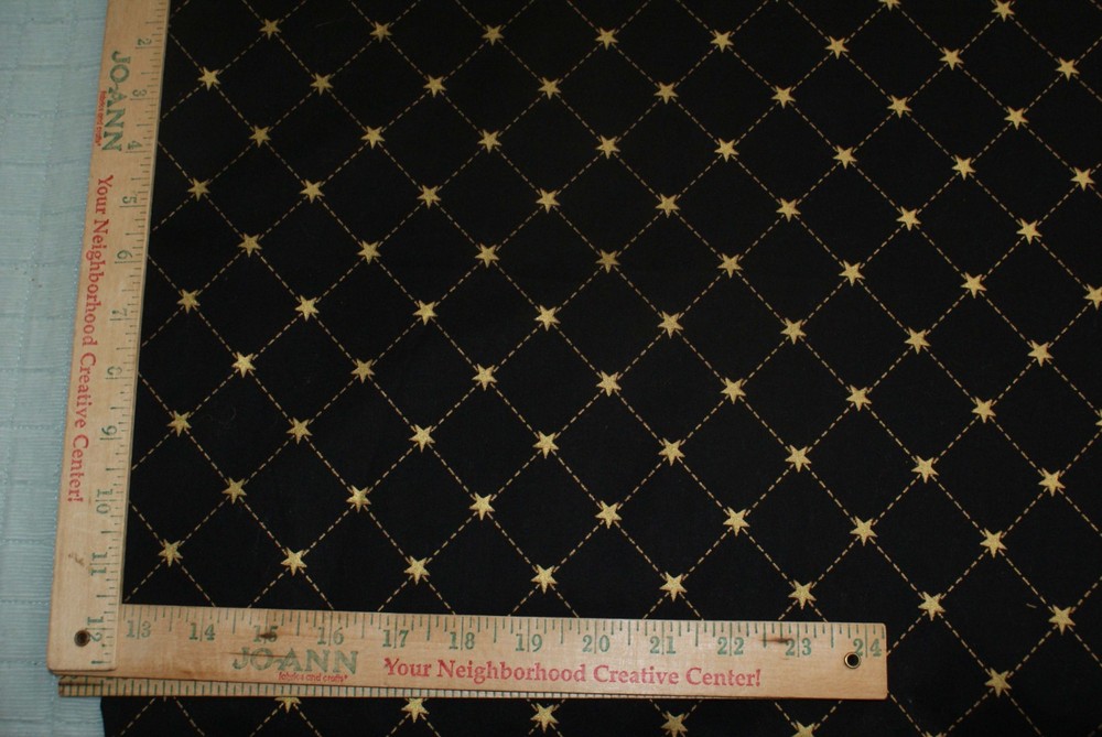 Stars Gold Highlights Grid Pattern Black Background Cotton Fabric 26 x 42W Quilt