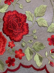 Iris RED Floral and Leaves Embroidery on NUDE Mesh Lace Fabric by the Yard – 10