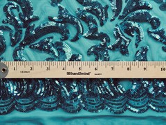 Miranda TEAL Vines and Leaves Sequins on TEAL Mesh Lace Fabric by the Yard – 10