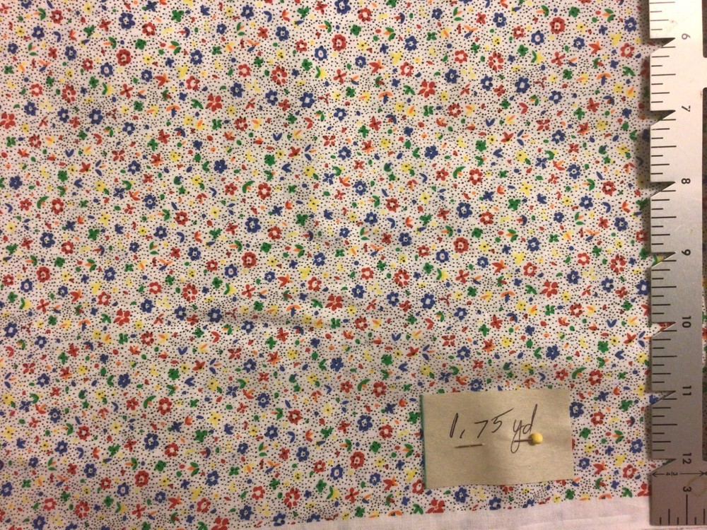 Tiny Red Blue Green Yellow Floral on White Cotton Fabric 1.75 yards