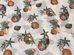 Sea shell sea weed star fish polyester chiffon fabric on beige, 58″ by 20″