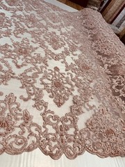 Helena DUSTY PINK Embroidered Damask Pattern with Faux Pearls and Beads on Mesh