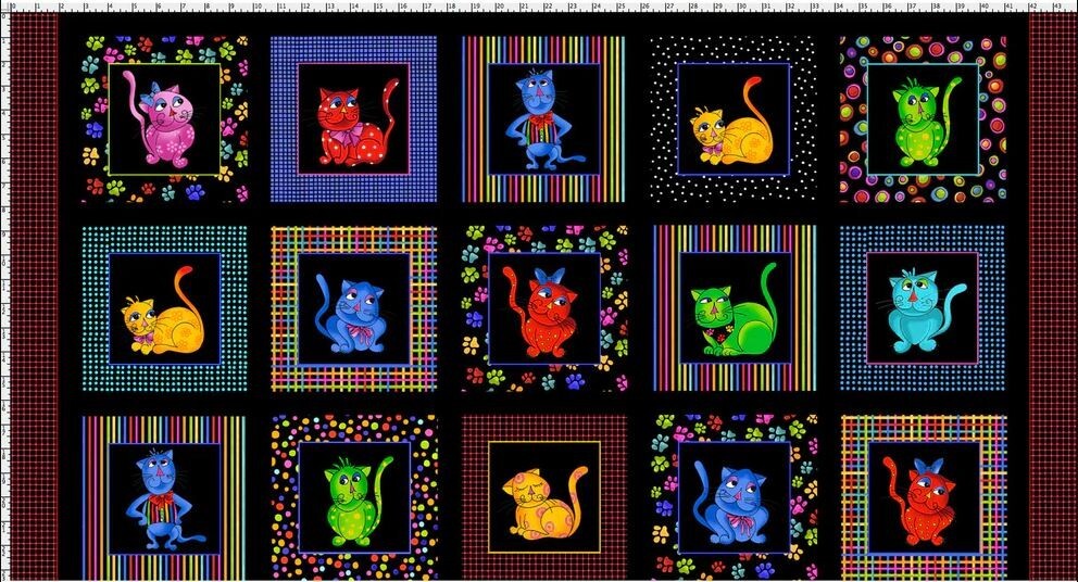 23″ X 44″ Panel Cool Cats Pets Animals Kids Black Cotton Fabric Panel D382.57