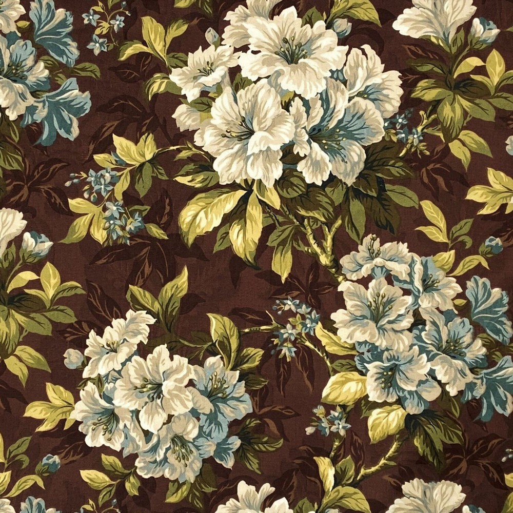 Mill Creek Floral Cotton COFFEE Brown Teal Drapery Curtain Pillow Fabric BTY