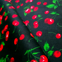 58″ Poly Cotton Fabric Black Red Cherry Print By The Yard Retro Pinup Dress Mate