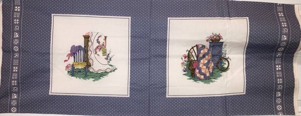Quilt Scene 2 Block Panel Stone Blue Border Log Cabin Quilt Blocks Fabric 17″