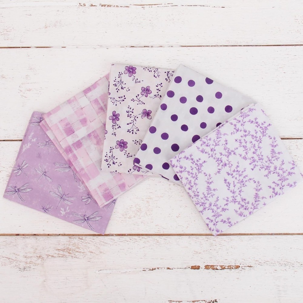 Threadart Exclusive 5 Fat Quarter Bundle Set – White & Purple 100% Cotton Fabric