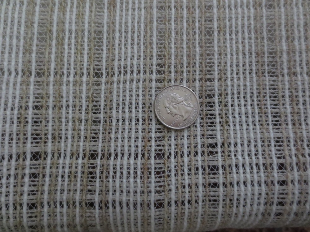 4867. TAN & WHITE OPEN WEAVE Nylon or Polyester Blend DRAPERY FABRIC – 45″ BTY