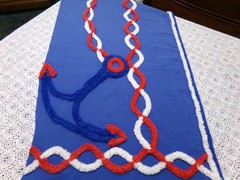 Coastal Anchor Vtg Chenille Bedspread Fabric Piece 42 x 16″ Red White Blue