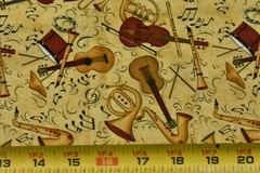 By 1/2 Yd, Burgundy & Tan Musical Instrument on Gold Cotton, Jo-Ann, Mumm, P9222