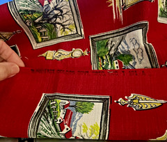 VTG `40-50`s BARKCLOTH Landscape Paintings and Colonial Decor on Red 34″x25½”