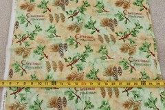 By 1/2 Yd, Green Red Brown Holly & Pinecones on Tan Cotton, Diane Richmond, P822