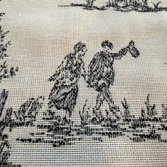VTG French Country Toile Fabric Black Beige Pastoral Colonial Farmstead 2.5 yd