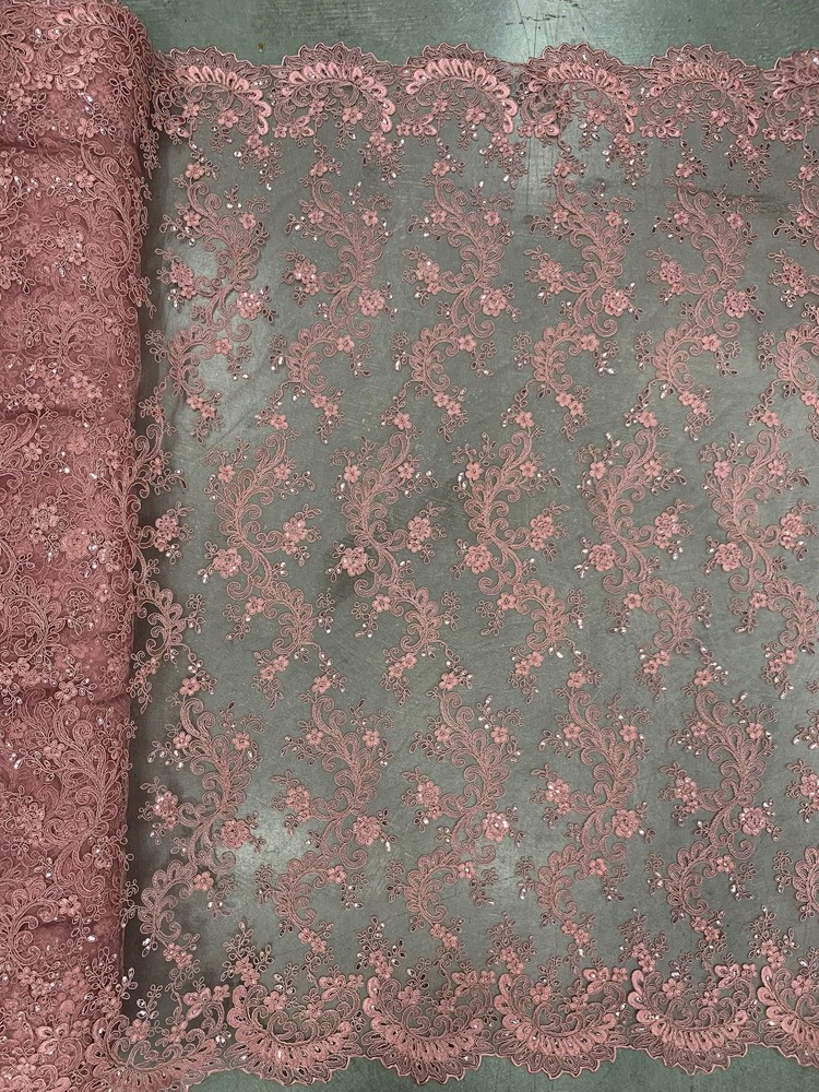 Melody DUSTY PINK Polyester Floral Embroidery with Sequins on Mesh Lace Fabric