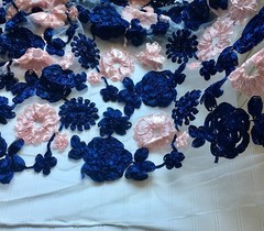 60″ Wide 3D Ribbon Flowers Embroidered Fabric with White Mesh Base for Sewing