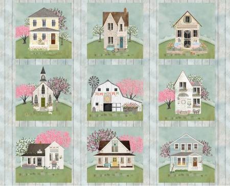36″ X 44″ Panel Touch of Spring Houses Churches Spring Cotton Fabric D143.36