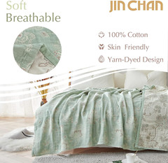 Reversible Boho 100% Cotton Muslin Twin Blanket – Floral Green & Beige 60×80