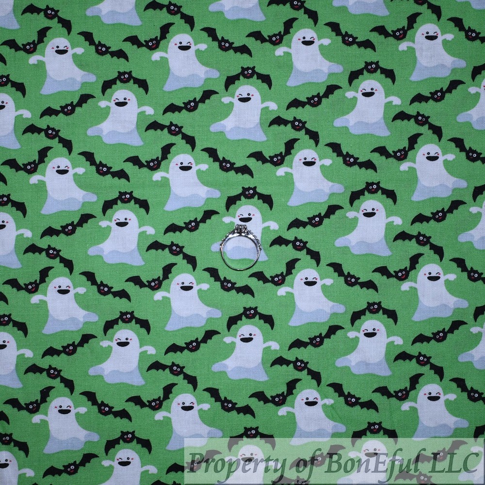 BonEful Fabric FQ Cotton Quilt Green White Black Bat Ghost Halloween Print SALE