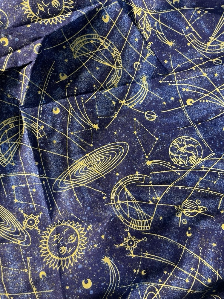 2001 Celestial Planets Fabric Traditions Sun moon stars Blue Cotton 2 Yards