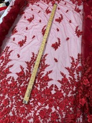 3D Floral Lace Fabric Luxury Red Beaded Embroidered Bridal Evening Dress