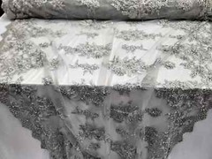 Silver Beaded Lace Fabric By The Yard 3d Floral Flowers Embroidery Sequins Prom