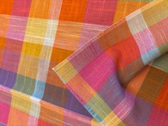 Vintage Madras Plaid Fabric Remnant 109.5×44 Pink Orange Blue Lightweight Boho
