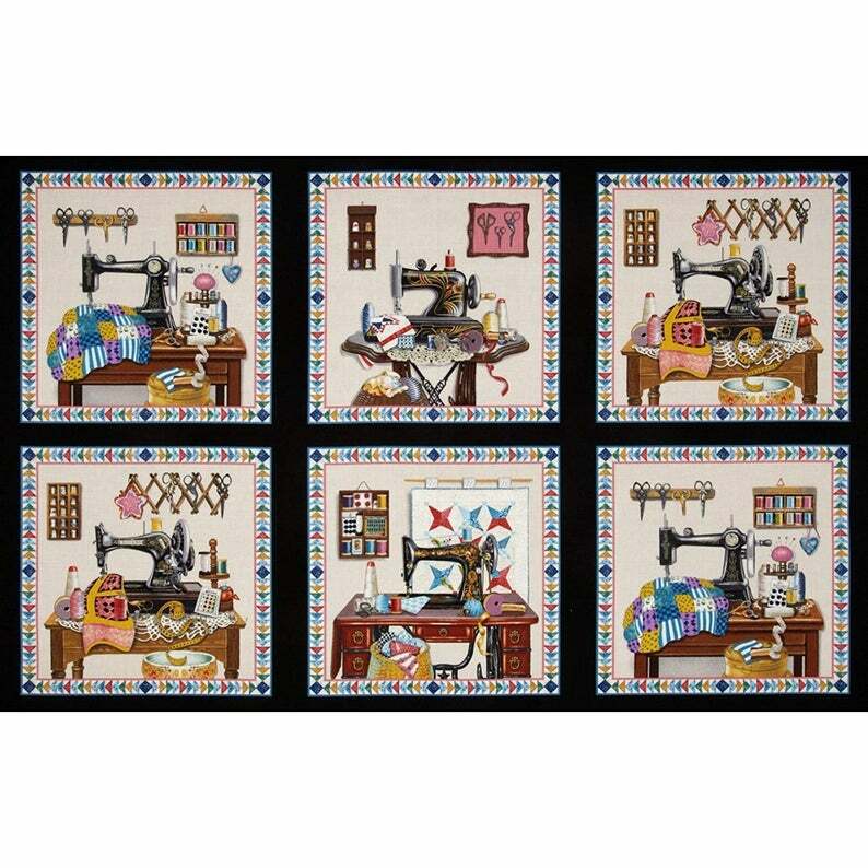 Sewing Machine Scenes Fabric Themed #3326 Cotton Elizabeths Studio 24″ Panel