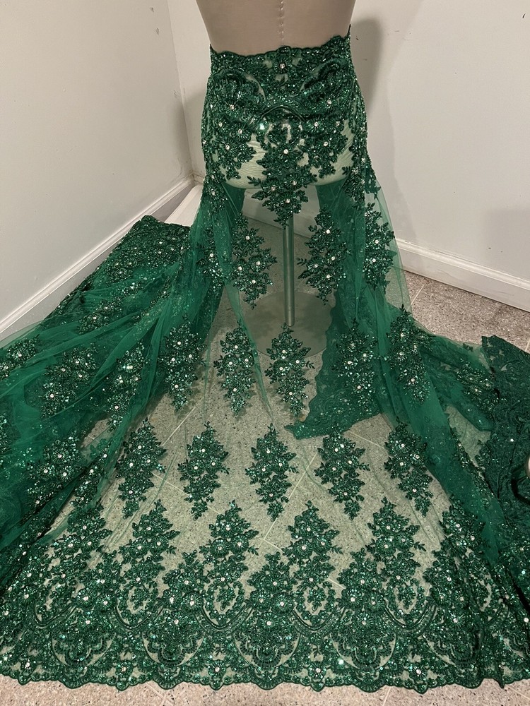 Green Heavy Beaded Sequin Rhinestones Embroidery Lace Fabric 50” Width 1 Yard