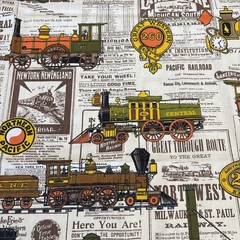 House N Home Vtg Train Locomotive Railroad Newsprint Fabric 2.5 Yards Americana