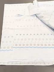 Vintage Blue Flocked Fabric Floral Scallop Faux Eyelet Lacy Design 2 yards x 45″