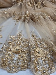 Gold 3d Lace Embroidered 3d Floral Beaded Fabric Sold By The Yard Scalloped