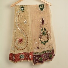 Sanskriti Saskriti Vintage Combo Of Design Fabric Hand Beads Net Mesh Cream Rhin