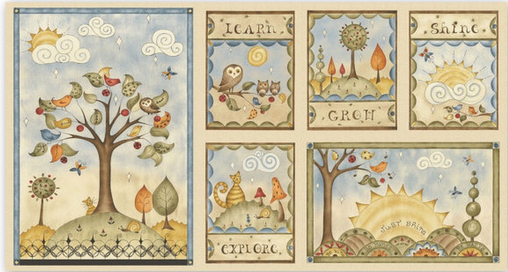 Shine Collection Owl Bird Tree Sunshine Cotton Fabric by Red Rooster 24″ Panel