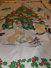 Unfinished Vintage Christmas Baby Blanket Panel Woodland Animals Tree Print 48″x