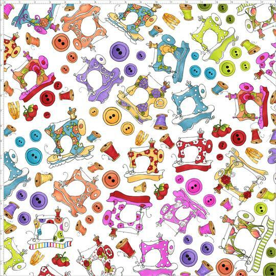 Sew Machine Button Toss White Fabric 23″ Length 44″W Cotton Loralie Designs