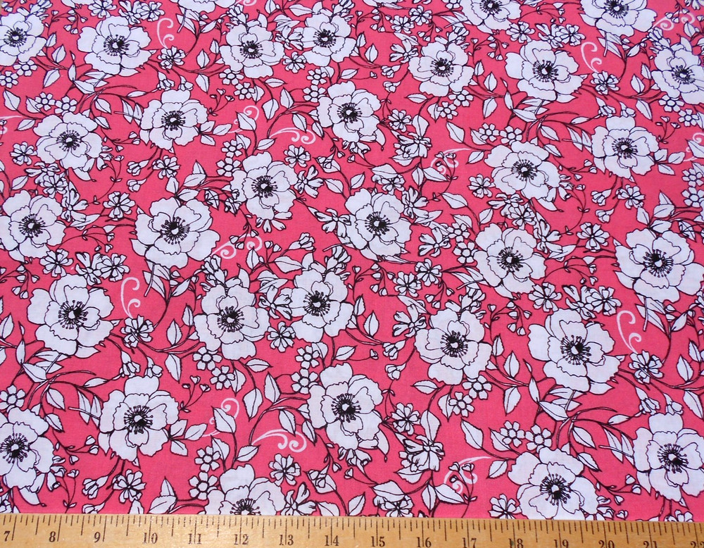 Floral Fabric White Black Poppies Anemones on Pink Cotton Quilt Craft on Pink