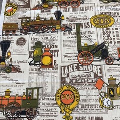 House N Home Vtg Train Locomotive Railroad Newsprint Fabric 2.5 Yards Americana