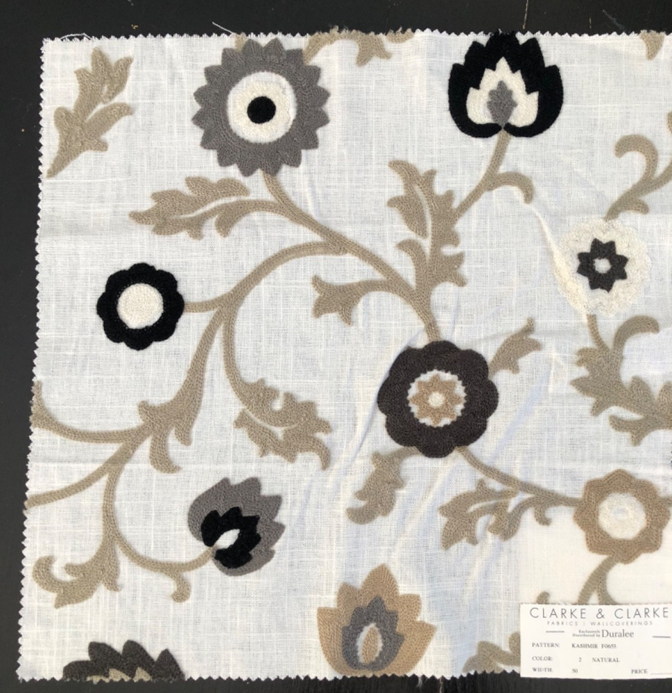 CLARKE & CLARKE Kashmir in Natural 16 3/4″ Crewel Floral Fabric Sample