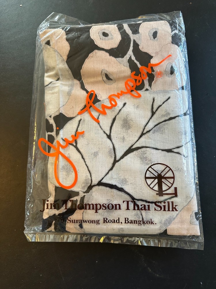 JIM THOMPSON 100% Thai Silk, Floral Light Pink & White on Black 112″ x 43″