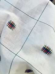 VTG Woven Red Green Yellow Plaid Squares on White Semi Sheer BTHY 60″ X 18″