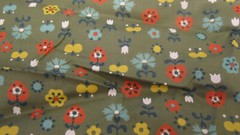 Cotton FABRIC Stylized Flowers Hearts Multi Colored on Olive green 2yd x 42