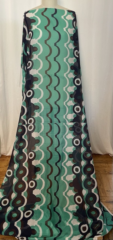 100% Silk Batiste Teal Dark Navy Blue Brown 60s Style Fabric By The Yd 46 “Wide
