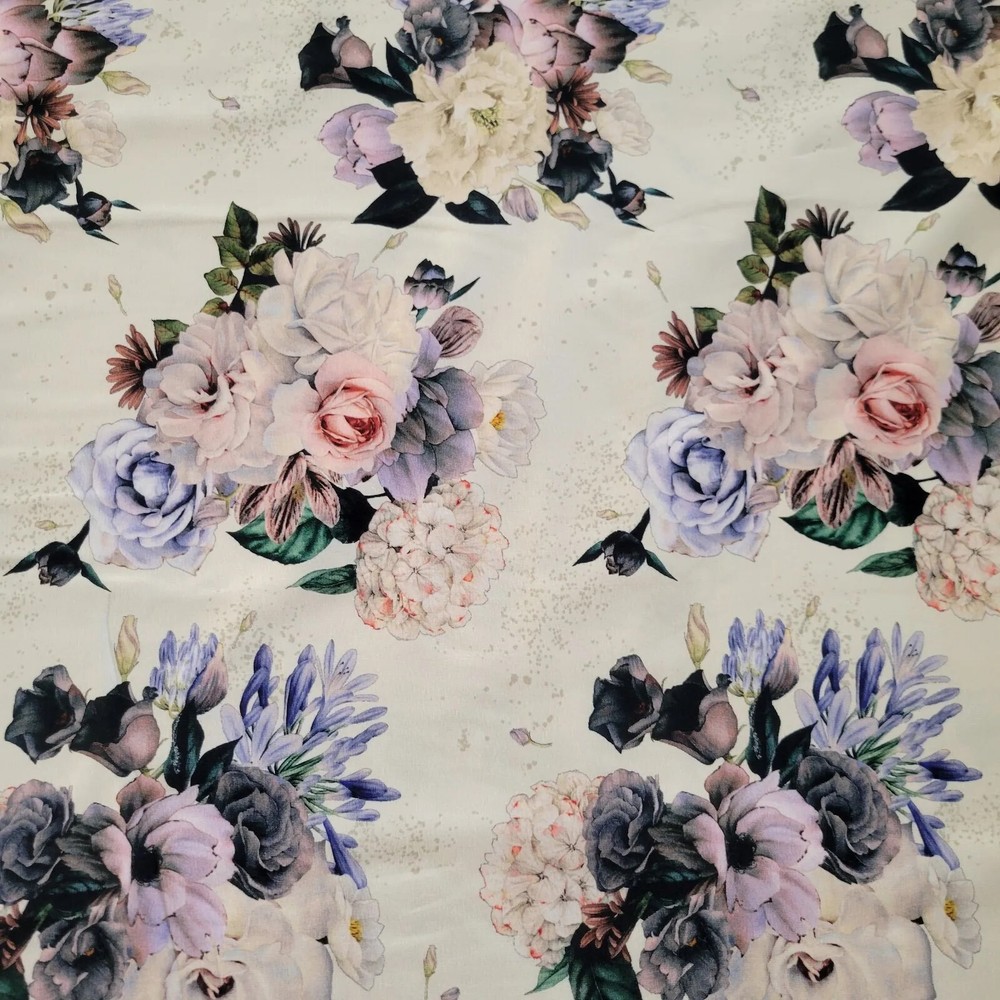 Pastel Clusters of Roses, Flowers, on Ivory Cotton Jersey Knit – OEKO-TEX